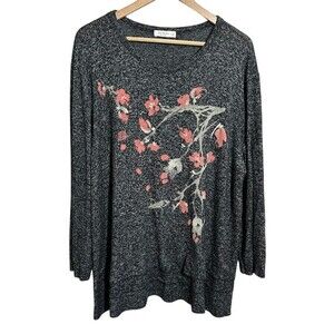 Jess & Jane Tunic Top 2X Gray Black Long Sleeve Layered Cherry Blossom Floral